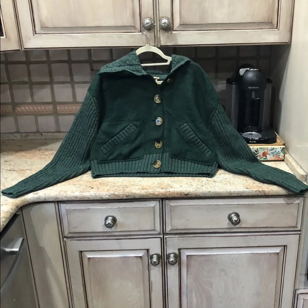 Free People Bennie Blanket Cardi Ribbed Sleeves Hemline Knit Chunky Green - Picture 5 of 8
